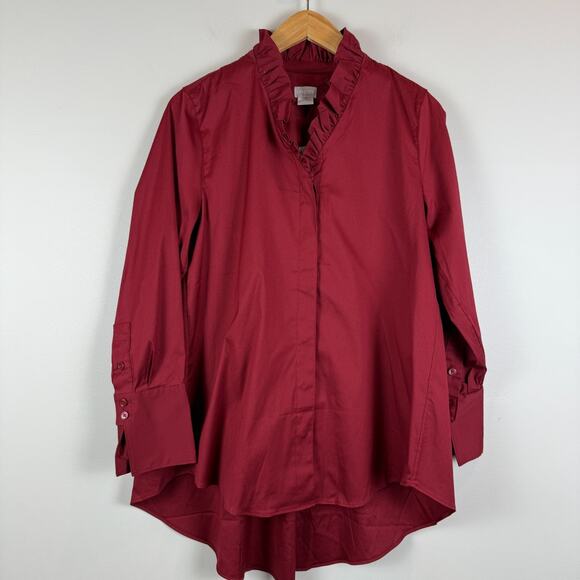 Chico's Top Women 0 US 4 Red Long Sleeve Ruffle Neck Tunic Poplin Button NWT - Picture 1 of 9